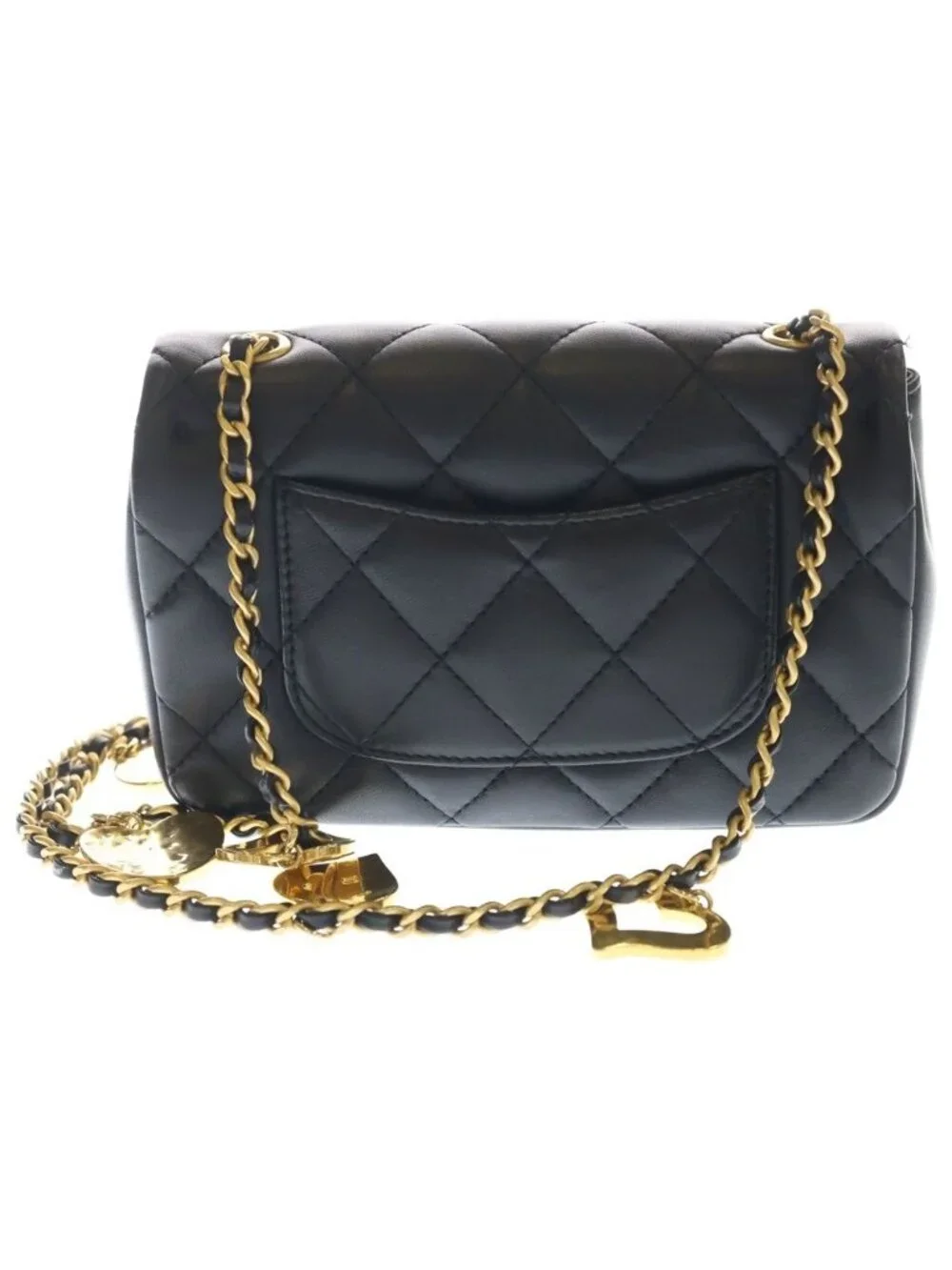 Chanel Mini Quilted CC Logo Heart Charm Chain Shoulder Gold Lambskin Black